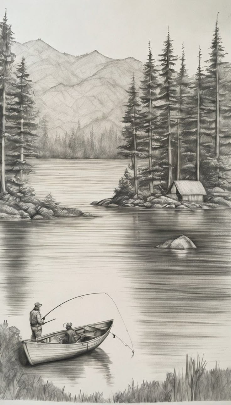 a drawing of a man fishing in a boat on a lake with mountains in the background