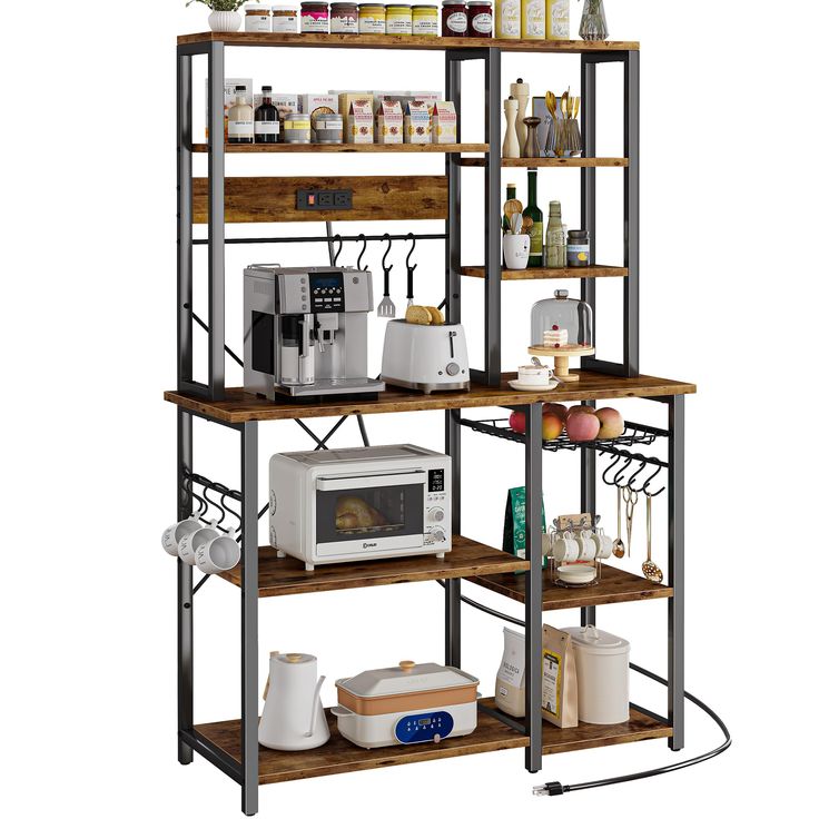 an industrial style kitchen shelving unit with microwave, toaster and other items on it