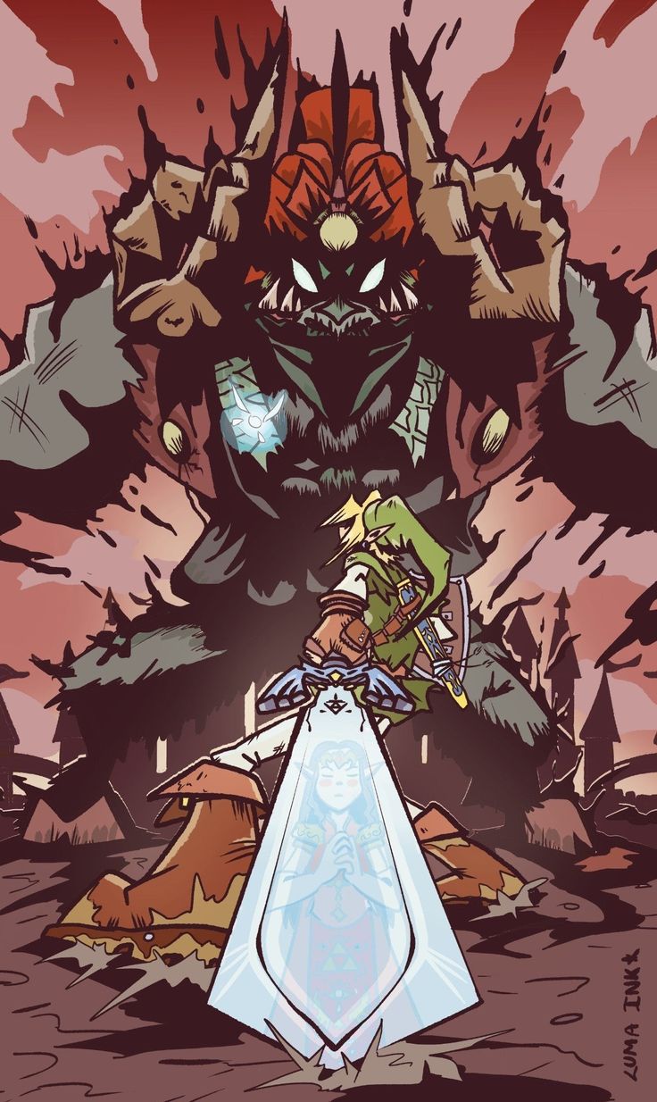 the legend of zelda and link in front of a giant monster with its eyes open