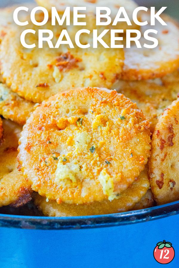 some fried food in a blue bowl with the words, come back crackers on it