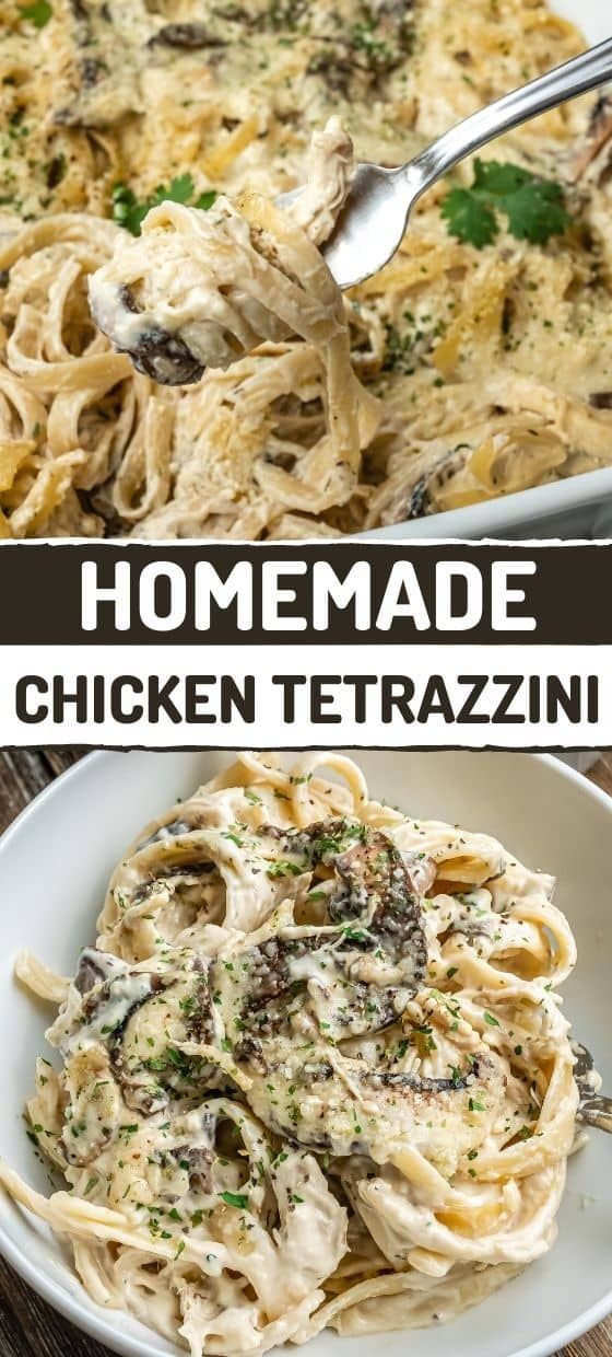 homemade chicken tetrazzini in a white bowl