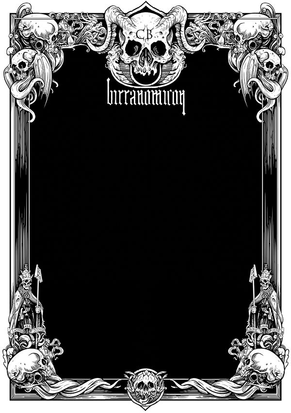 a black and white frame with skulls on it