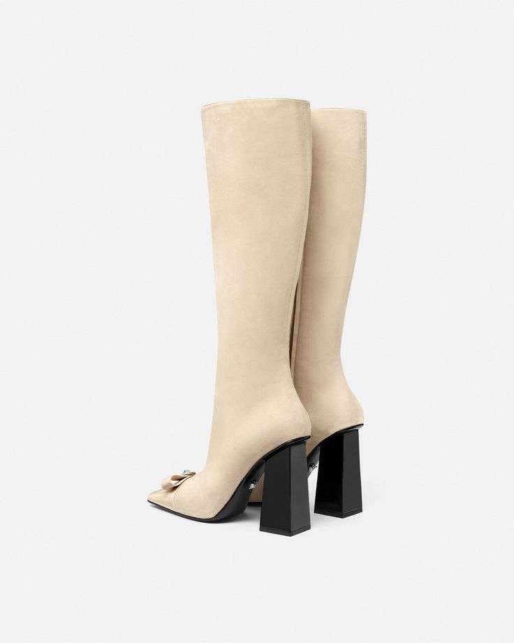 Gianni Ribbon Suede Boots 4.1" / 105 mm Luxury Knee-high Boots With Block Heel, Elegant Beige Knee-high Boots For Party, Elegant Beige Knee-high Party Boots, Wide Calf Knee-high Boots With Block Heel For Evening, Beige High Heel Evening Boots, Beige High Heel Boots For Evening, Beige Knee-high Heeled Boots For Formal Occasions, Beige Knee-high Heeled Boots For Formal Events, Beige Square Toe Party Boots