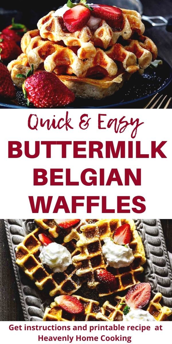 some waffles and strawberries on a plate with the words quick & easy buttermilk belgan waffles