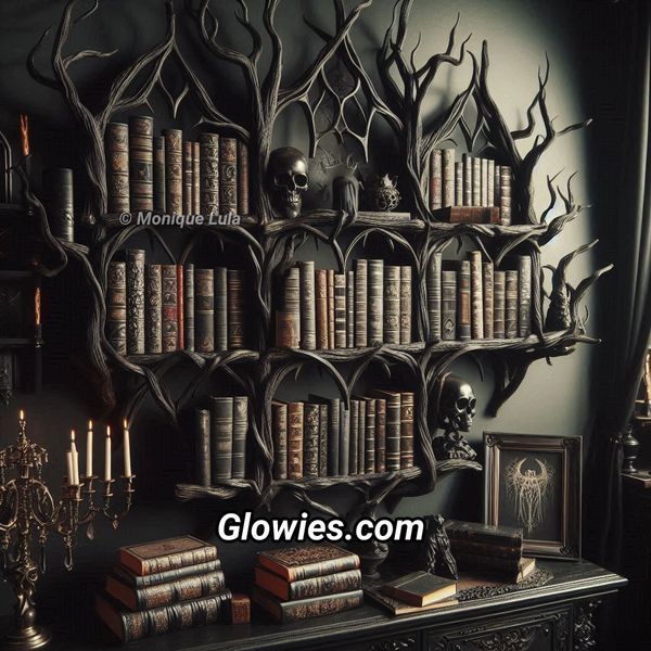 there is a bookshelf with many books on it and candles in the corner