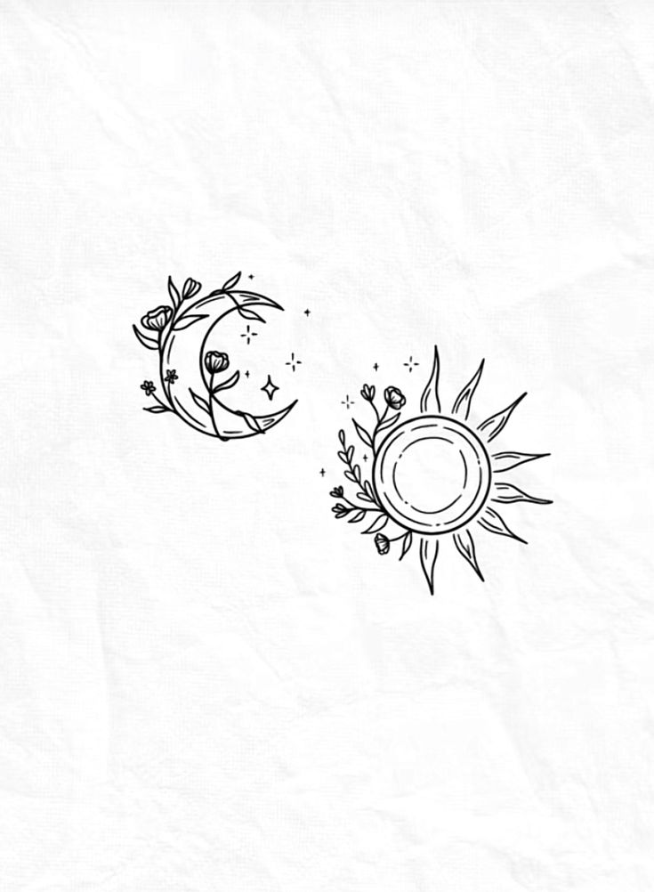 two sun and moon tattoo designs on white paper, one is drawn with black ink