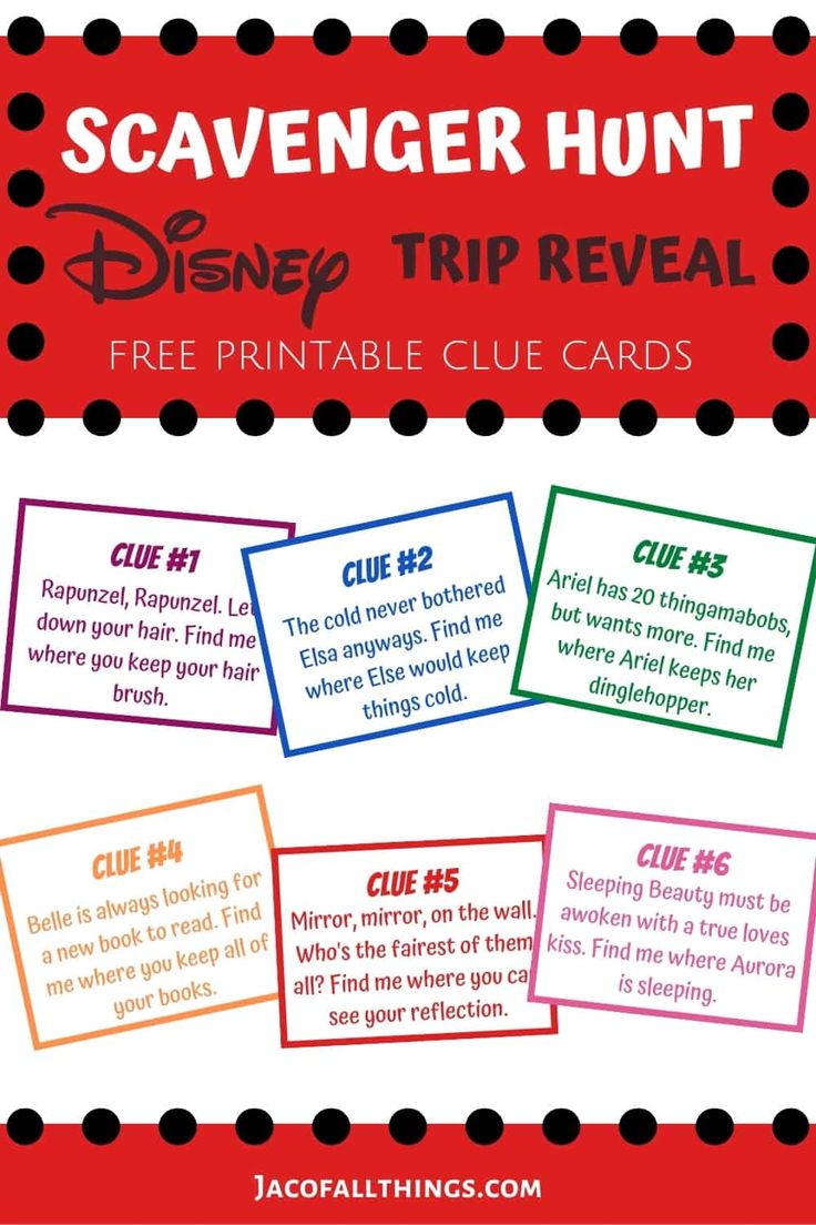 the scavenger hunt disney trip reveal printable clue cards