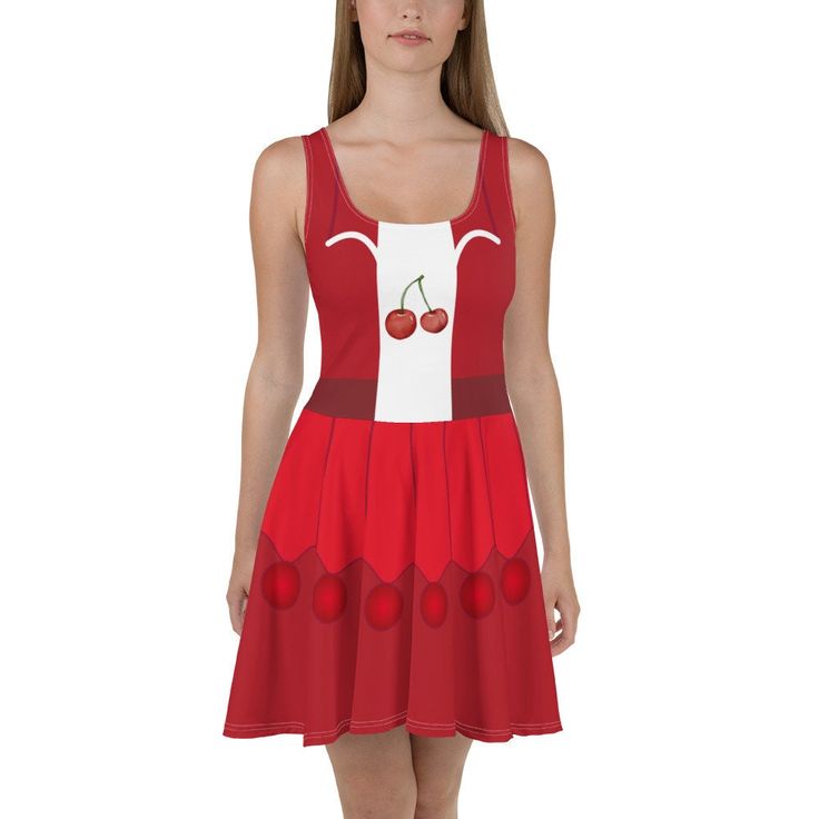 Dress to impress with this sleeveless skater dress! The soft fabric and flared skirt give it an elegant twist that brings out the intricate design with a beautiful vibrancy. * 82% polyester, 18% spandex * Fabric weight: 6.78 oz/yd² (230 g/m weight may vary by 5% * Smooth and elastic fabric * Mid-thigh length flared skirt * Elastic waistline * Overlock seams, coverstitch hemline This product is made especially for you as soon as you place an order, which is why it takes us a bit longer to deliver Cute Fitted Dress For Costume Party, Sweet Fitted Dress For Costume Party, Sweet Summer Dresses For Costume Party, Sweet Fitted Sleeveless Mini Dress, Sweet Sleeveless Fitted Dress, Sweet Fitted Sleeveless Dress, Whimsical Fitted Mini Dresses, Fitted Cherry Print Dress For Spring, Fitted Cherry Print Spring Dress