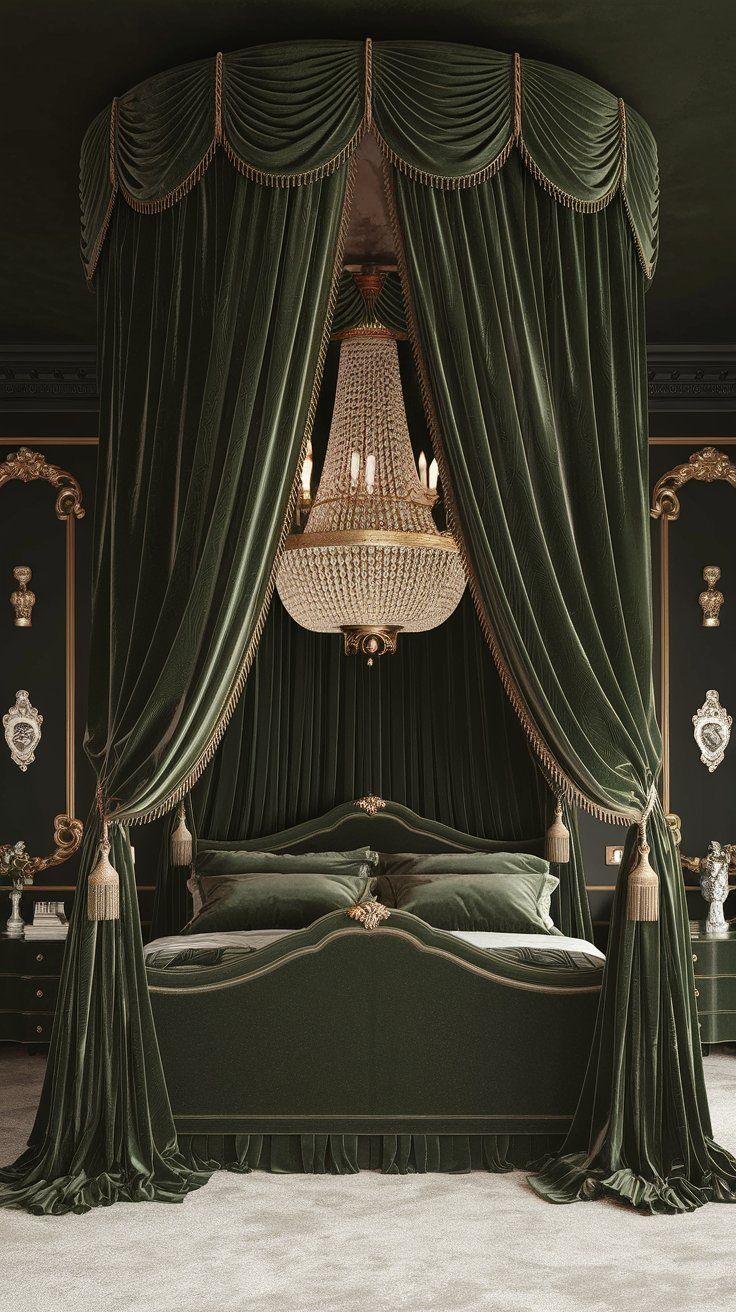 a bed with green drapes and a chandelier hanging from the ceiling