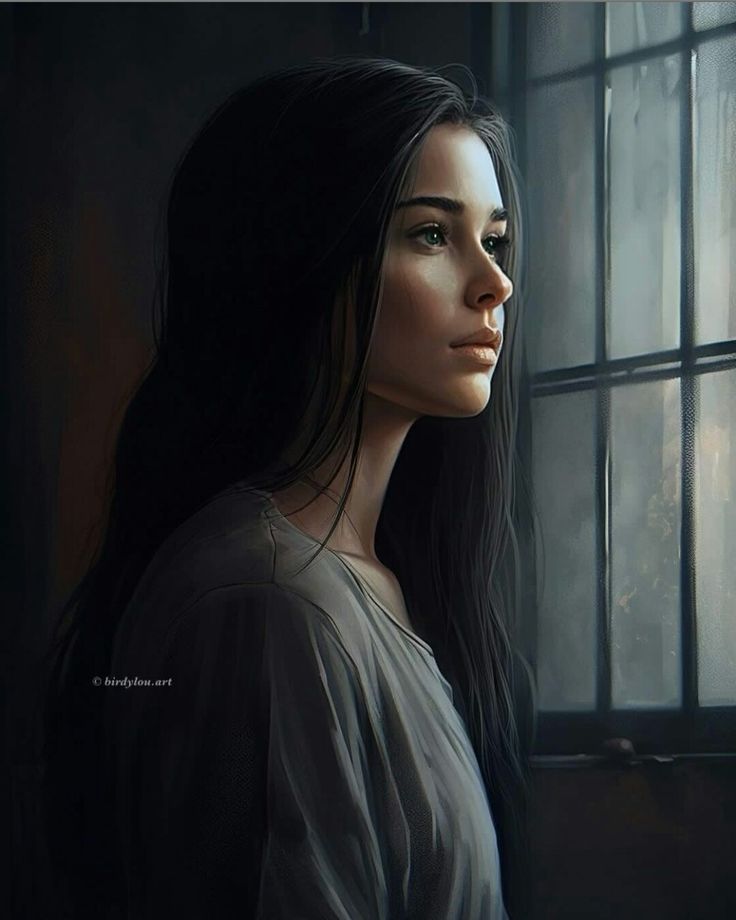 a painting of a woman looking out the window