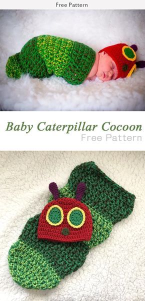 a baby sleeping in a crocheted caterpillar cocoon