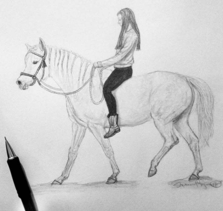 a pencil drawing of a girl riding a horse