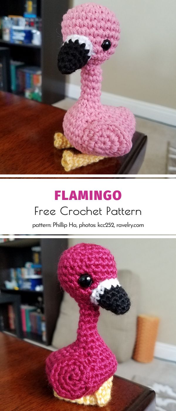 crocheted flamingo sitting on top of a wooden table