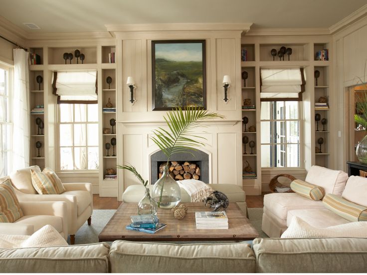 a living room filled with furniture and a fire place in the middle of a room