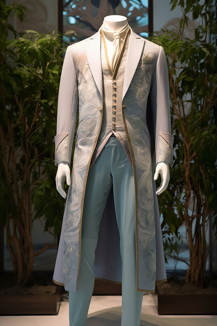 Water lily inspired suit Mens Royal Outfit, Mens Fantasy Ball Outfit, Formal Fantasy Outfits Male, Fantasy Suits Male, Fantasy Suit, Masquerade Suit, Masquerade Outfit, White Tux, Prince Clothes