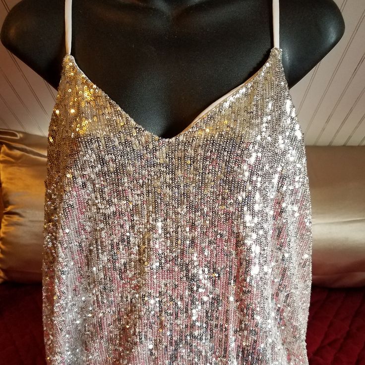 Express Silver Large Camisole Glamorous Sleeveless Top With Built-in Bra, Glamorous Camisole Tank Top For Party Season, Spring Sequined Stretch Tank Top, Stretch Sequined Tank Top For Spring, Party Vest Top With Tank Straps, Glamorous Stretch Tank Top, Glamorous Sleeveless Tank Top With Built-in Bra, Party Stretch Tank Camisole, Stretch Tank Camisole For Party