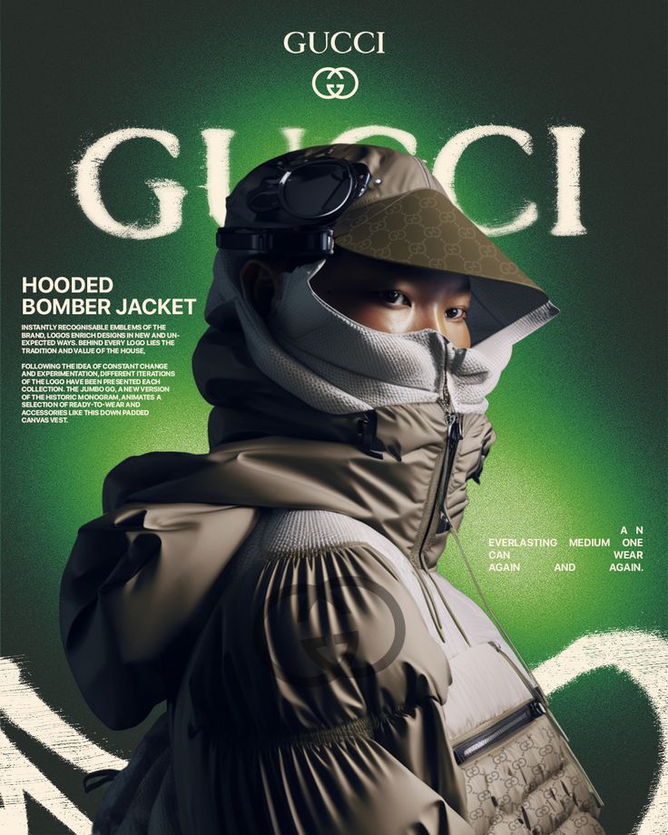 an advertisement for gucci featuring a woman in a coat and hat with goggles on her head