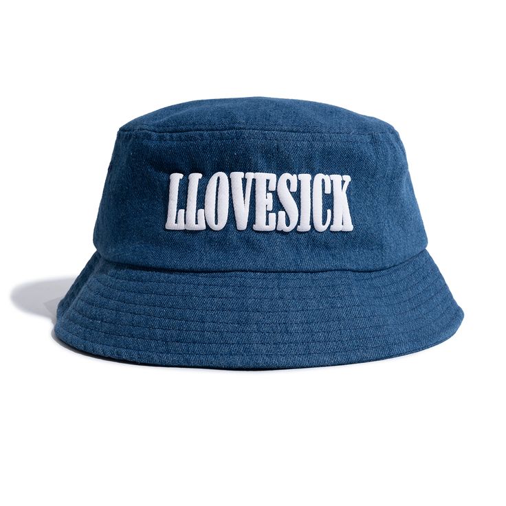 100% denim Puff print front logo One size fits most Blue Denim Bucket Hat With Short Brim, Navy Casual Bucket Hat With Short Brim, Navy Bucket Hat With Short Brim, Casual Navy Bucket Hat With Short Brim, Blue Cotton Bucket Hat With Flat Brim, Blue Denim Hat For Streetwear, Blue Washed Bucket Hat, Casual Blue Hats With Embroidered Logo, Casual Flat Brim Hat With Logo Print