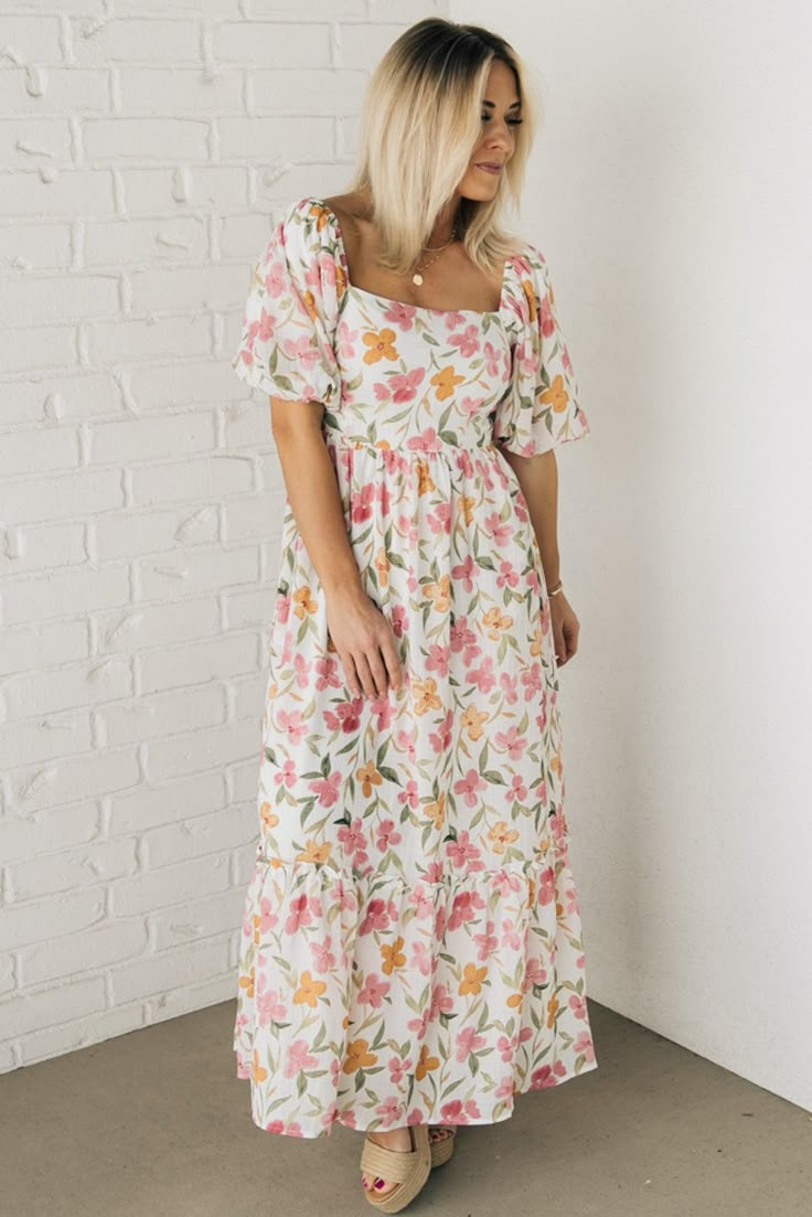 Aurelia Floral Maxi Dress – RubyClaire Boutique Orange And Pink Flowers, Easter Dresses For Women, Meeting Outfit, Church Dresses, Boring Clothes, Orange And Pink, Puffed Sleeves, Shades Of Orange, Outfit Goals