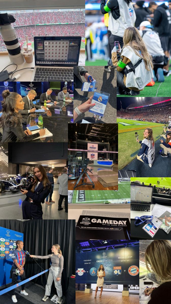 collage of photos with people and sports equipment at an event, including laptops