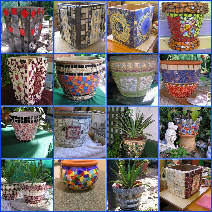 there are many different pots that have been made with glass mosaics on the outside