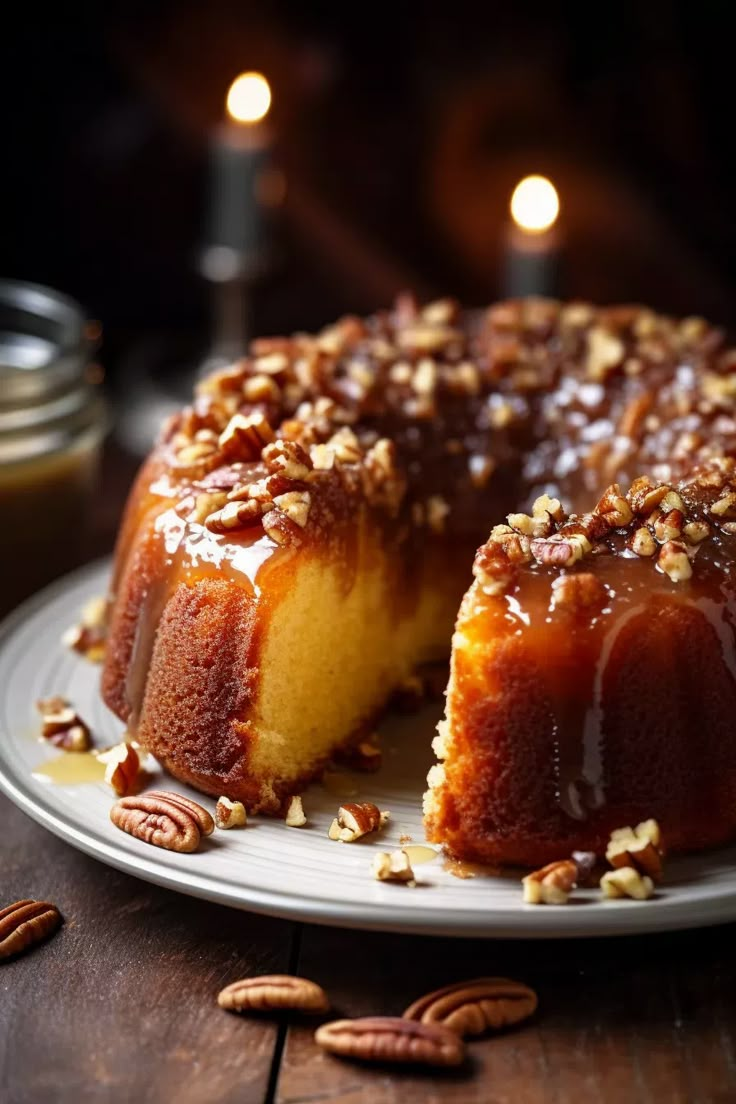 a bundt cake on a plate with pecans around it and two candles in the background