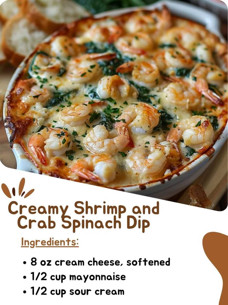 an advertisement for creamy shrimp and crab spinach dip on a table with bread