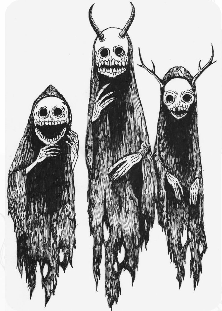 three black and white drawings of monster like creatures with long, slender hair on their heads