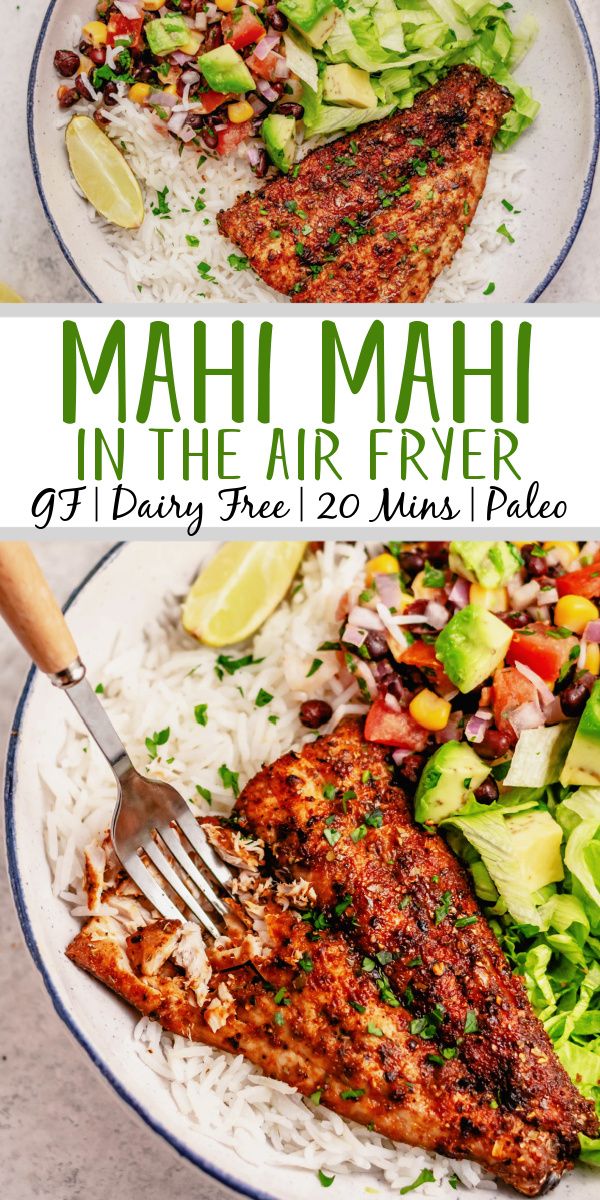 two plates with meat, rice and veggies on them that have the words mahi mahi in the air fryer