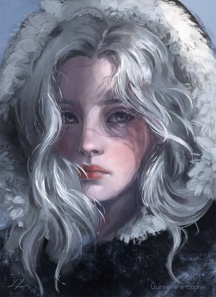 a painting of a woman with white hair wearing a hooded jacket and fur collar, looking to the side