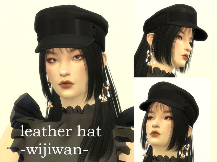 three different views of a woman with black hair wearing a beret and matching earrings