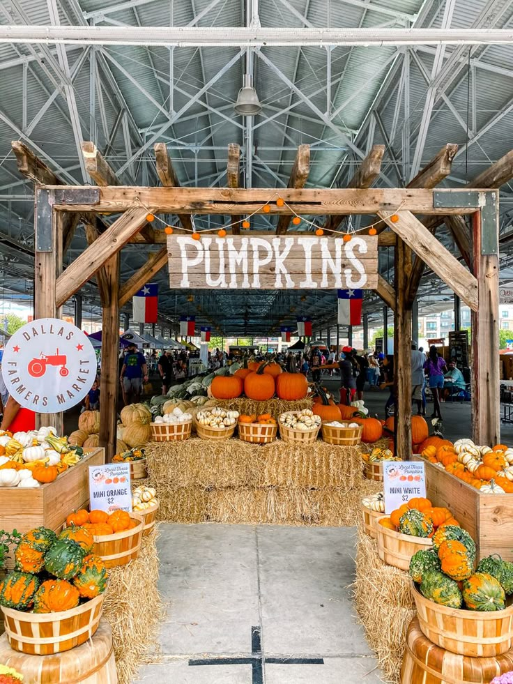 an outdoor market with pumpkins and squash in wooden baskets on display under a metal roof