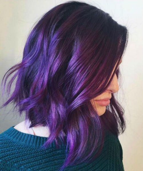 Exclusive Purple Hair Color for Medium and Shoulder Length Hair 2019 Short Purple Hair, Purple Hair Color, Dark Purple Hair, Hair Color Crazy, Lilac Hair, Hair Dye Ideas, Shoulder Hair, Hair Color Purple, Trendy Hair Color