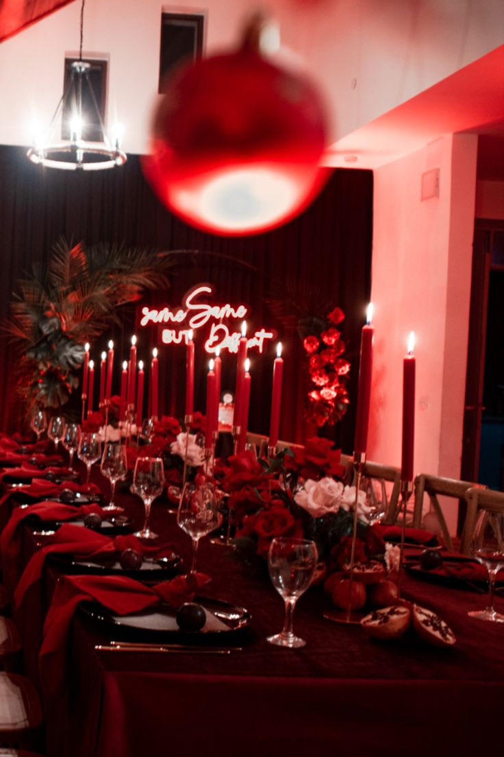 Red is the ultimate cure for sadness. Ruby Red Birthday Theme, Red And Black Dinner Table Decor, Red And Black Gothic Party Decor, Red Birthday Theme Woman, Black And Red Dinner Party Decor, All Red Party Decoration, Red Dinner Party Decor, Red Birthday Decorations For Women, Ruby Party Theme