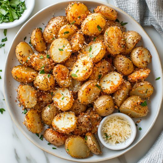 a white plate topped with potatoes covered in parmesan cheese and seasoning next to a bowl of parsley