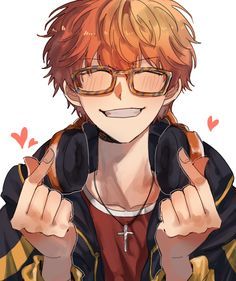 an anime character with glasses giving the thumbs up sign and wearing a black jacket, red shirt and gold rimmed glasses