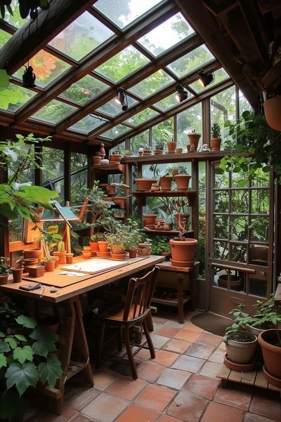 a room filled with lots of potted plants in it's walls and windows