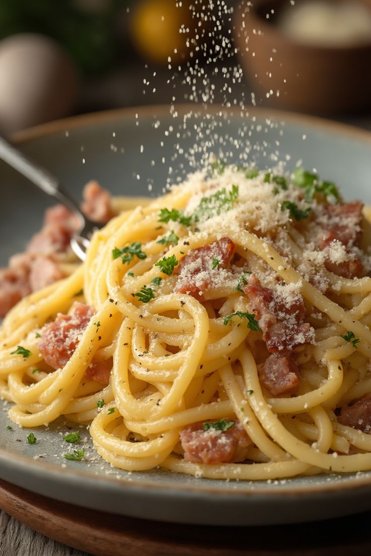 a plate of spaghetti with meat and parmesan sprinkles