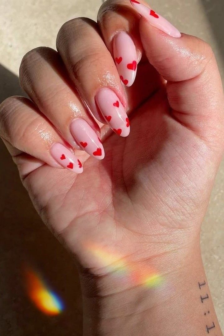 Image edited by AirBrush App. Pink nails idea with red heart design for you to get inspired. #nails #nailart #nailsart #gelnails #nailsalon #acrylicnails #nailsoftheday #nailstyle #lovenails #nailsinspire #nailsaddict #photoeditor #filter #airbrush #retouch Pink With Red Heart Nails, Pink Nails Red Heart, Pink Nails With Heart, Pink Heart Nails, Red Tip Nails, Red Heart Design, Tan Nails, Barbie Pink Nails, Oval Shaped Nails