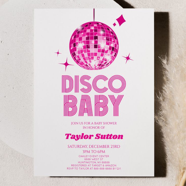 the disco baby is coming to town in this cute pink and white party card design