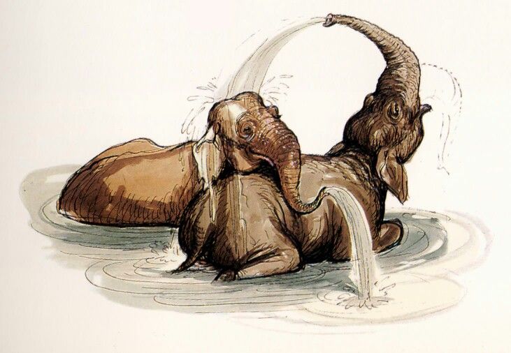 two elephants are in the water with their trunks sticking out and one elephant is laying down