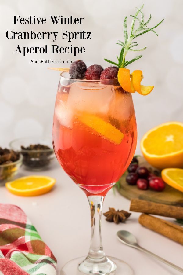 a drink in a wine glass garnished with cranberry spritz and orange slices