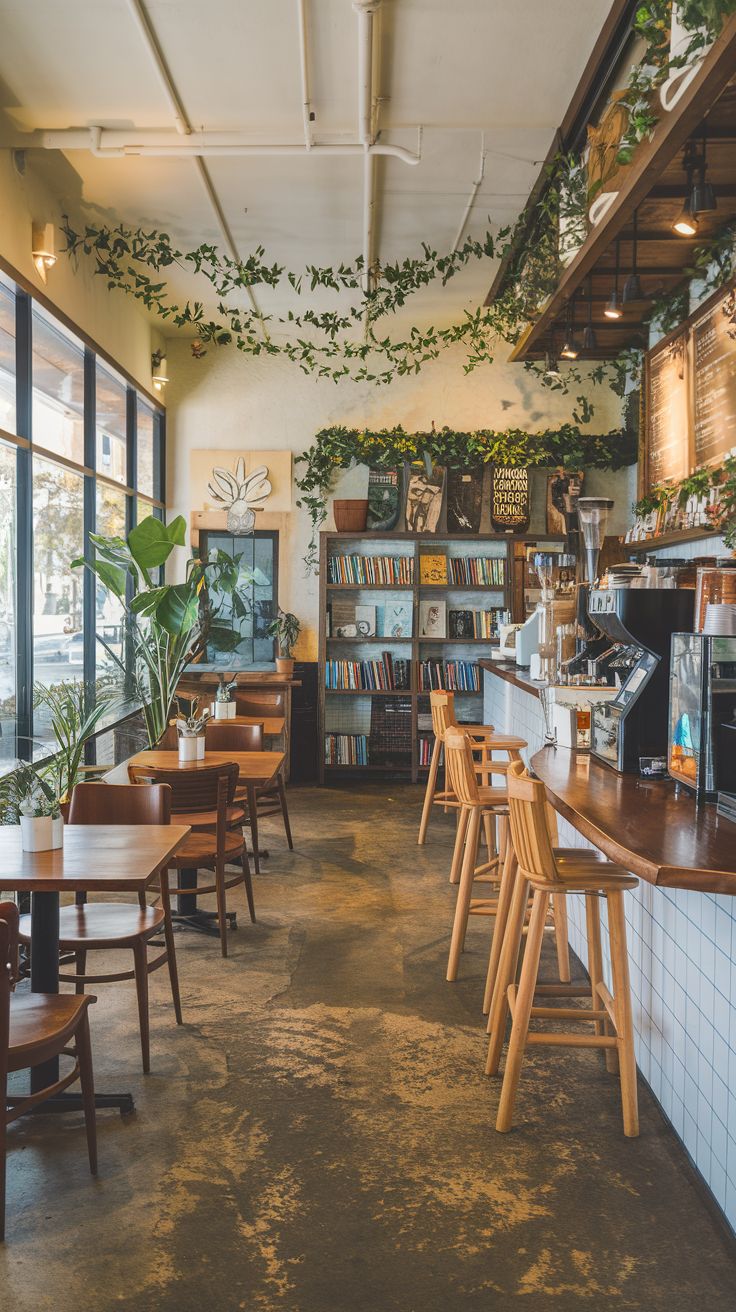 the inside of a restaurant with wooden tables and chairs, plants on the wall and bookshelves