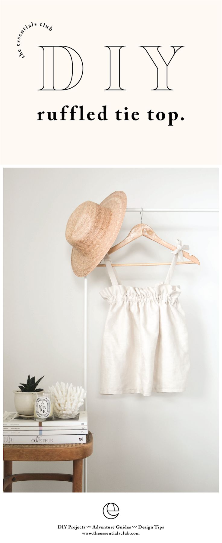 the diy ruffled tie top is hanging on a rack next to a hat