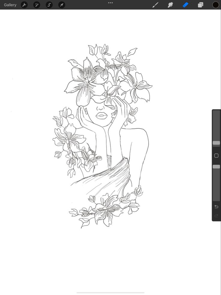 a drawing of a woman with flowers on her head and hands behind her back,