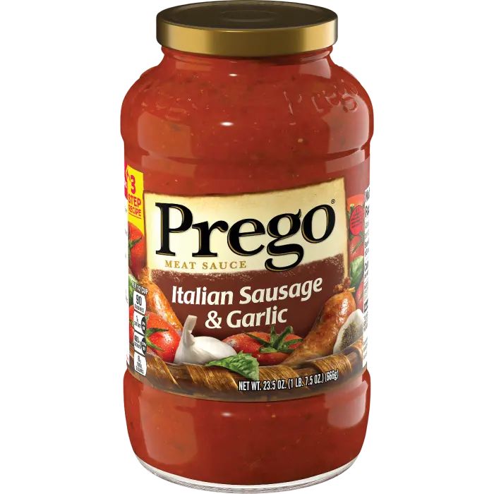 a jar of prego italian sausage and garlic marinade sauce on a white background