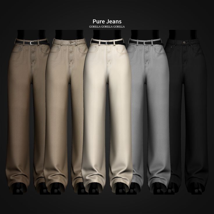 five men's pants in different colors and sizes