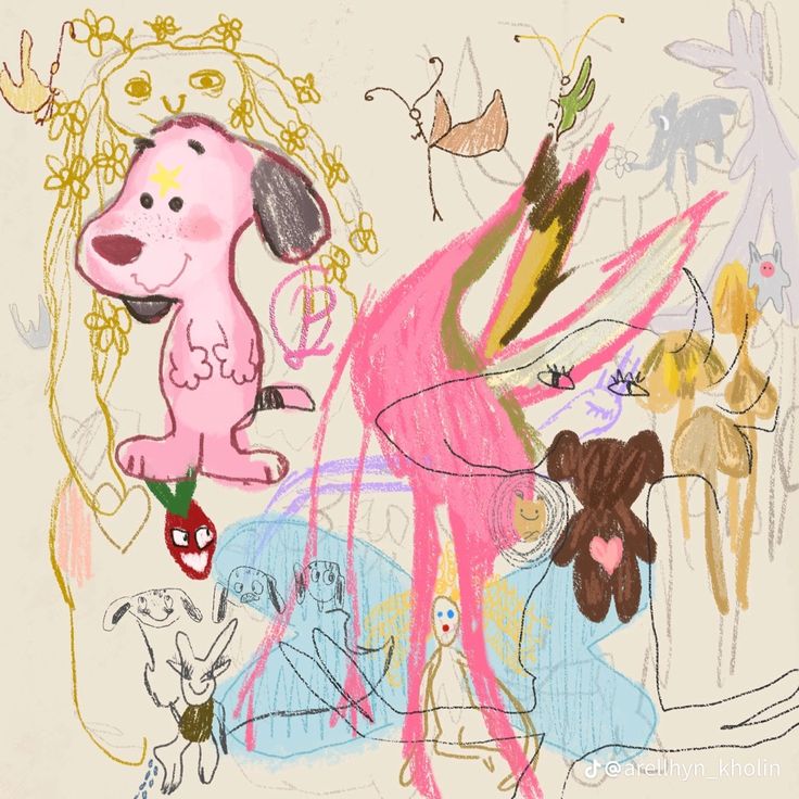 a drawing of a pink dog surrounded by other dogs