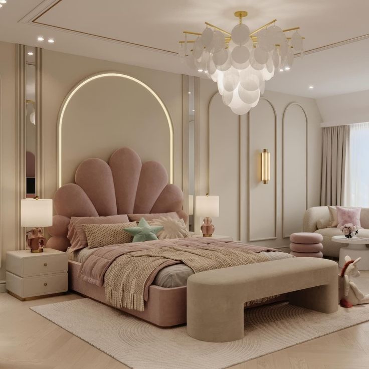 a large bed sitting in the middle of a bedroom