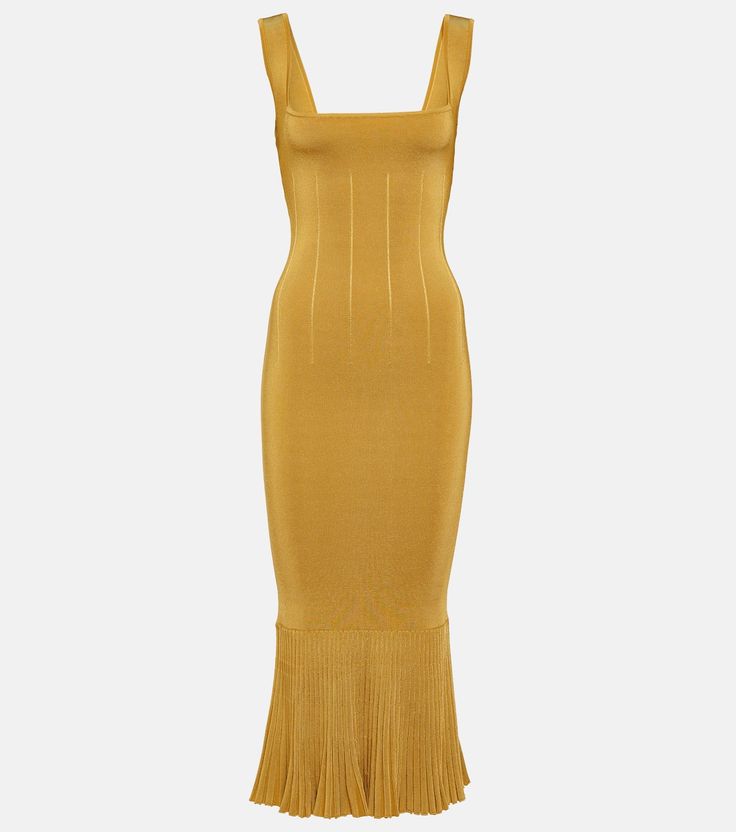 Atalanta Ribbed Knit Midi Dress in Gold - Galvan | Mytheresa Elegant Ribbed Summer Dress, Seamless Fitted Evening Dress, Spring Evening Ribbed Midi Dress, Spring Evening Midi Dress, Ribbed, Summer Evening Ribbed Midi Dress, Elegant Seamless Maxi Dress, Chic Evening Ribbed Maxi Dress, Chic Evening Maxi Dress With Ribbed Details, Stretch Ribbed Evening Maxi Dress